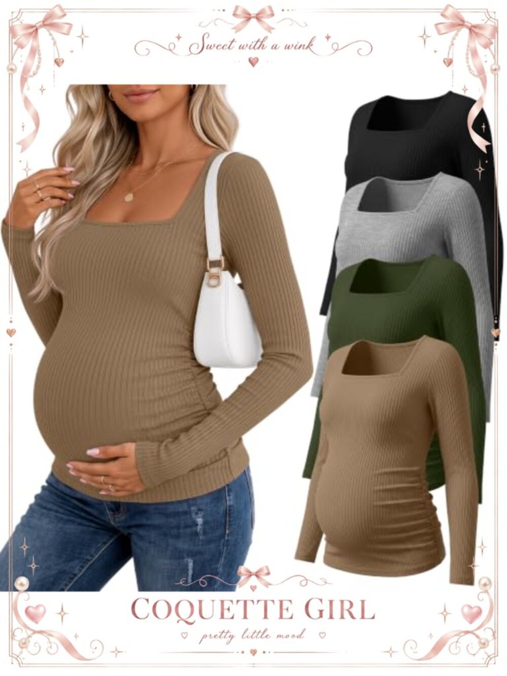 Ribbed Maternity Shirts Square Neck Pregnancy Tops Long Sleeve 4 Pack